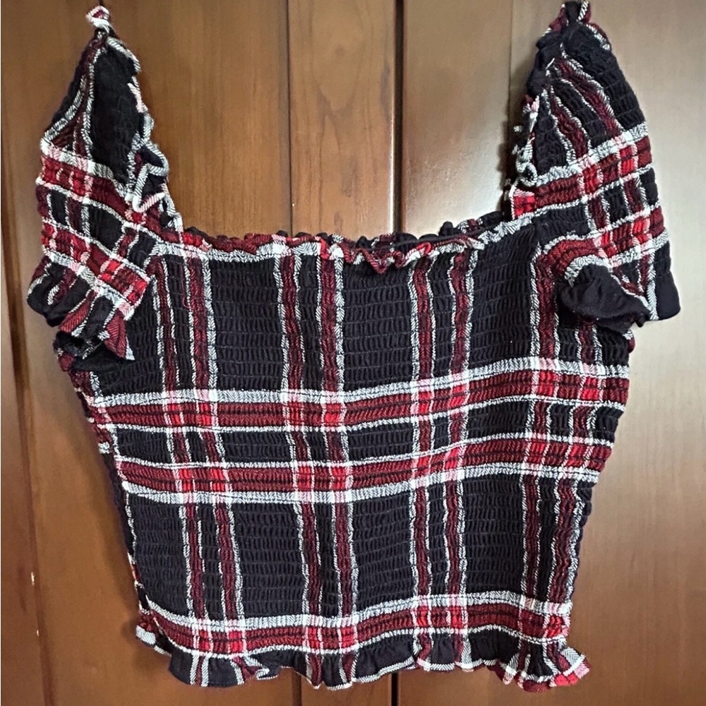 LIKELY Red and Black Plaid Smocked Off-Shoulder XS